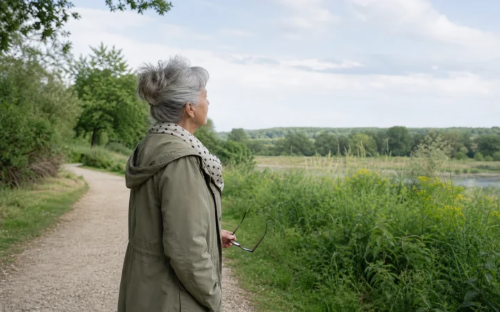 Frau nutzt eine Blickpause für den Fernblick im Grünen
