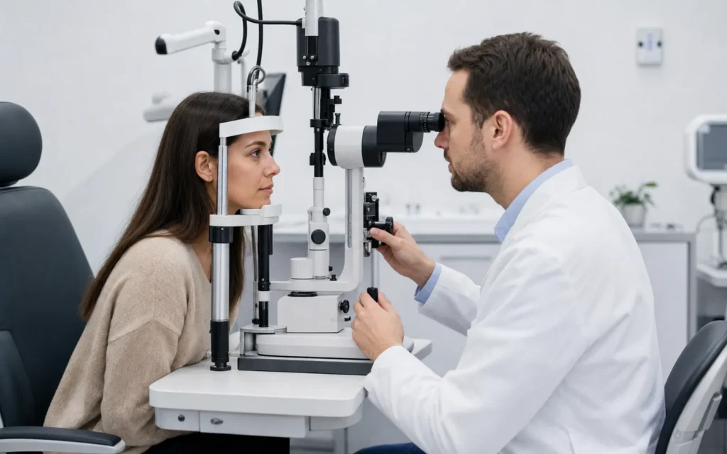 Eine Person lässt ihre Augen mit einem augenmedizinischen Gerät untersuchen.