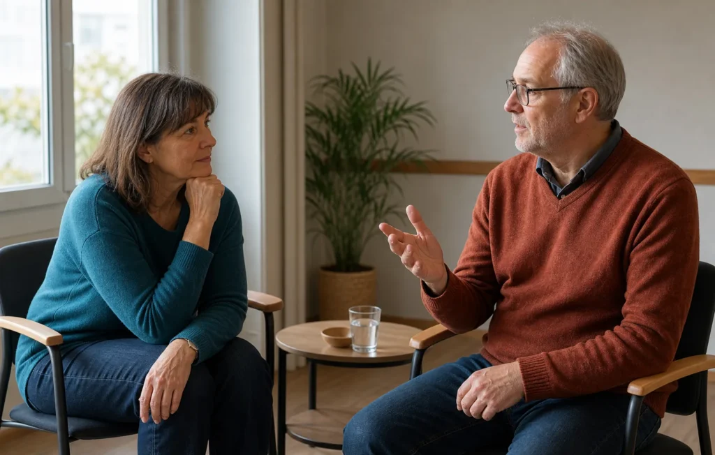 Zwei Menschen sprechen ruhig über ihre Erfahrungen mit Augentraining.