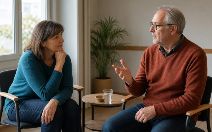 Zwei Menschen sprechen ruhig über ihre Erfahrungen mit Augentraining.