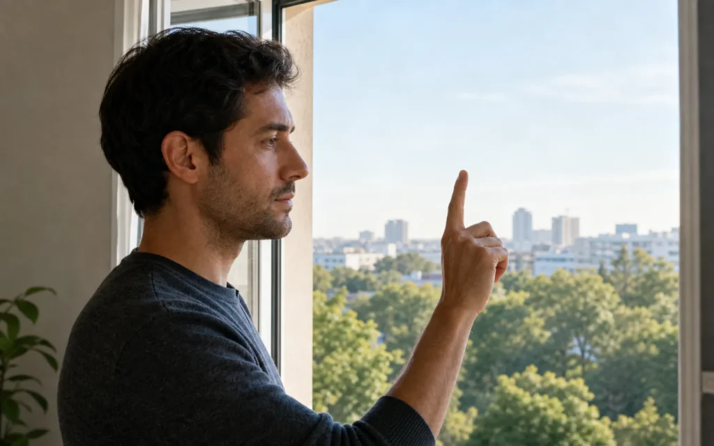 Eine Person übt am Fenster den Wechsel zwischen einem nahen Ziel und der Ferne.
