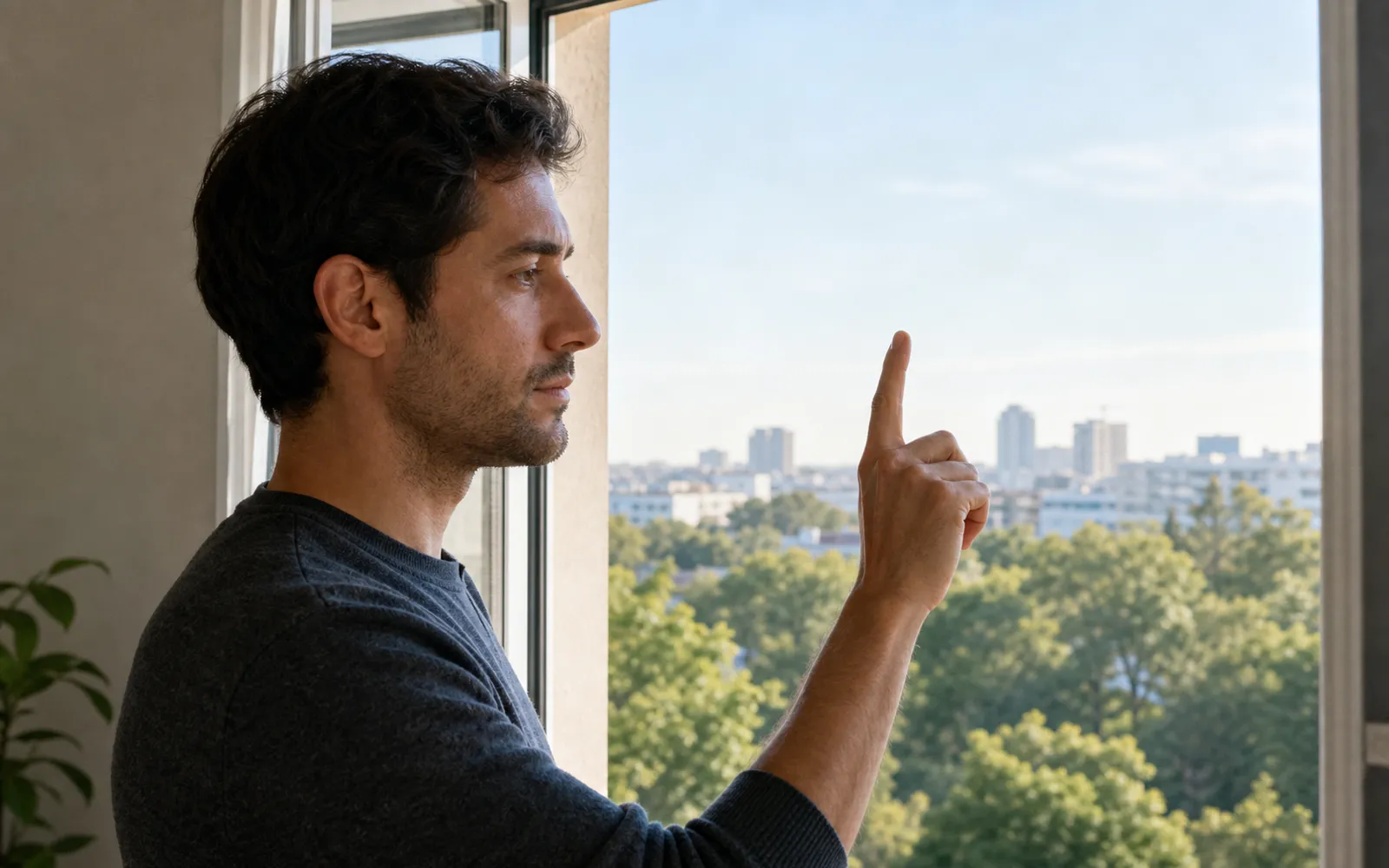 Eine Person übt am Fenster den Wechsel zwischen einem nahen Ziel und der Ferne.