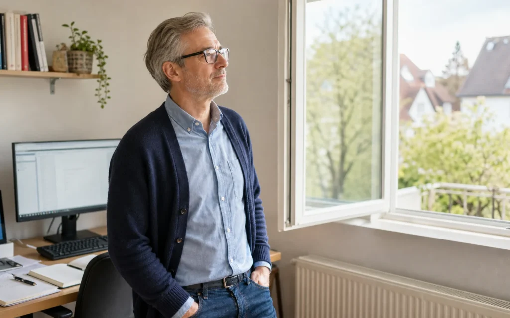 Ein Mann übt am Fenster den Wechsel vom Bildschirm zum entspannten Fernblick.