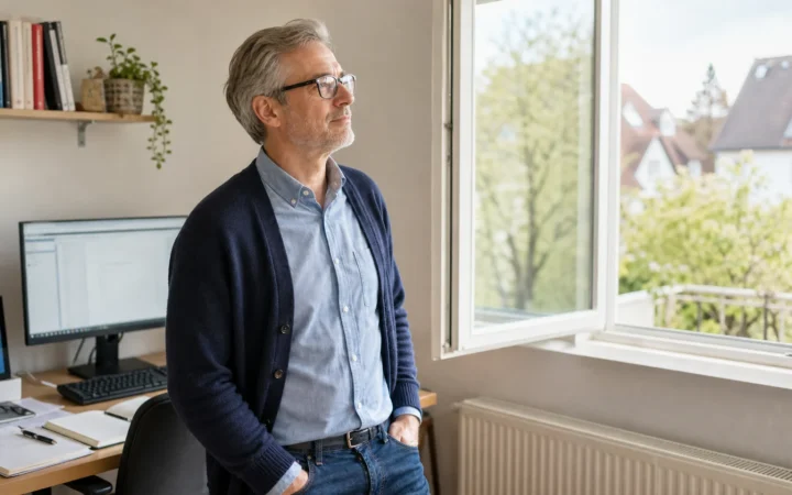 Ein Mann übt am Fenster den Wechsel vom Bildschirm zum entspannten Fernblick.