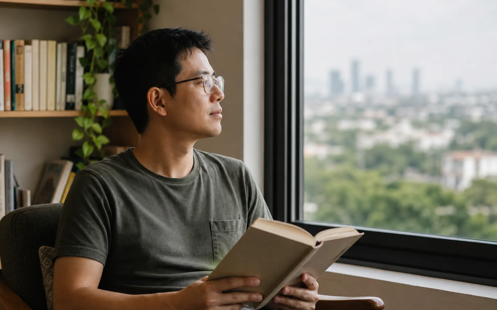 Eine Person mit Brille blickt von einem Buch in die Ferne.