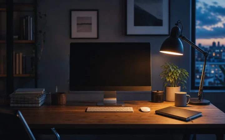 Ein leerer Arbeitsplatz bei Abendlicht mit ausgeschaltetem Monitor.