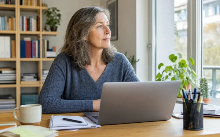 Frau im Homeoffice blickt für eine Augenpause aus dem Fenster