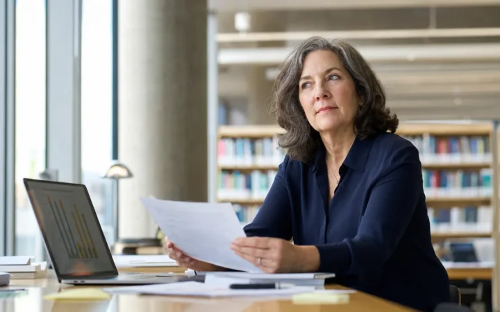 Frau prüft Forschung zum Augentraining in einer Bibliothek