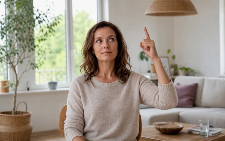 Eine Frau folgt bei einer Augenyoga-Übung mit den Augen ihrem erhobenen Finger.