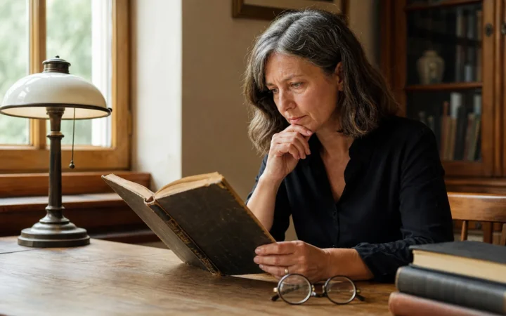 Eine Frau prüft ein historisches Buch zur Bates-Methode; eine alte Brille liegt auf dem Tisch.