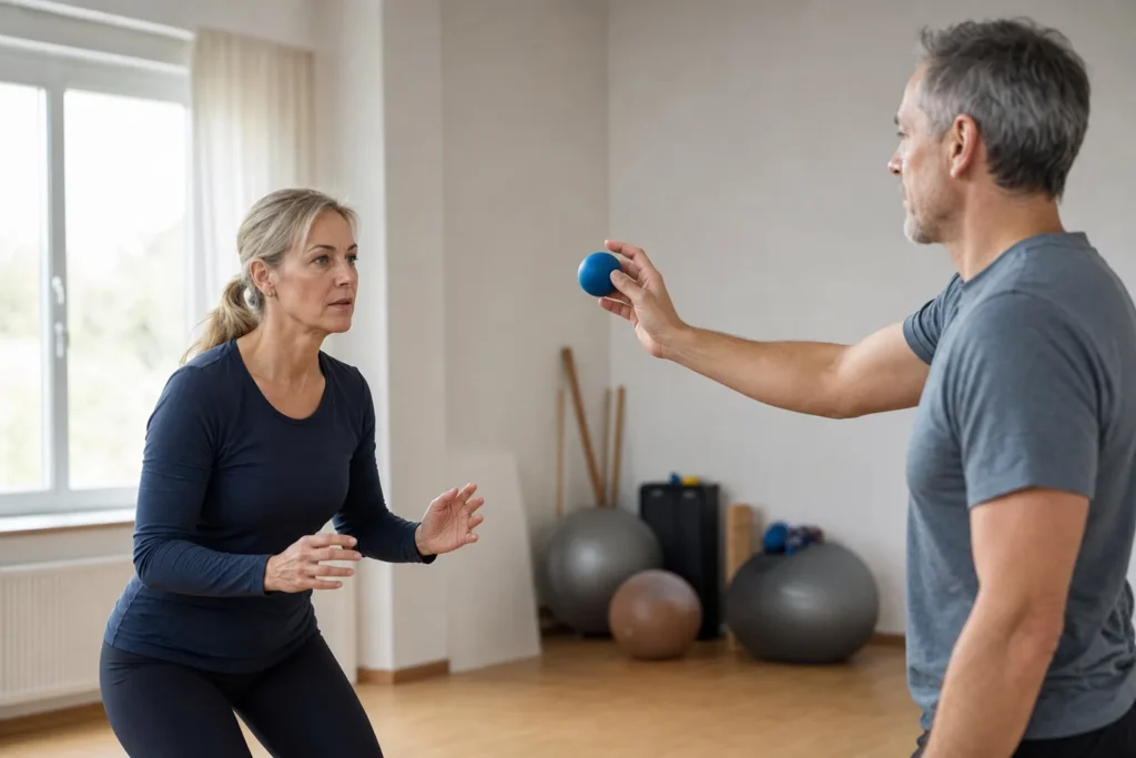 Frau trainiert Blickkoordination mit einem blauen Ball