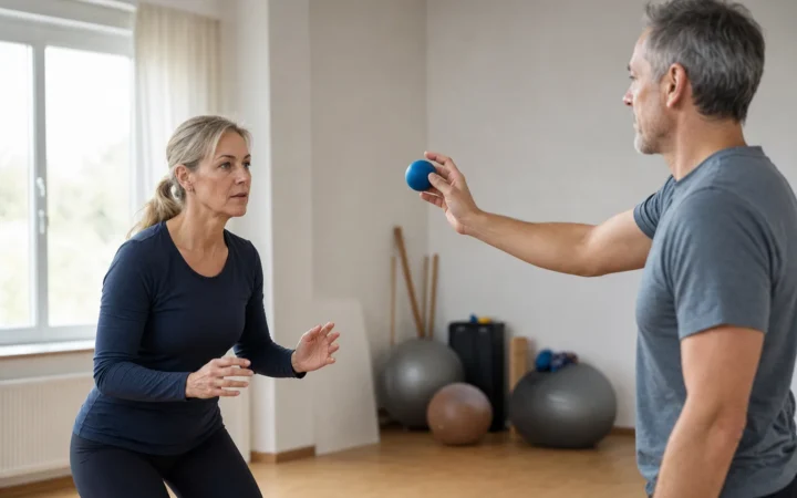 Frau trainiert Blickkoordination mit einem blauen Ball